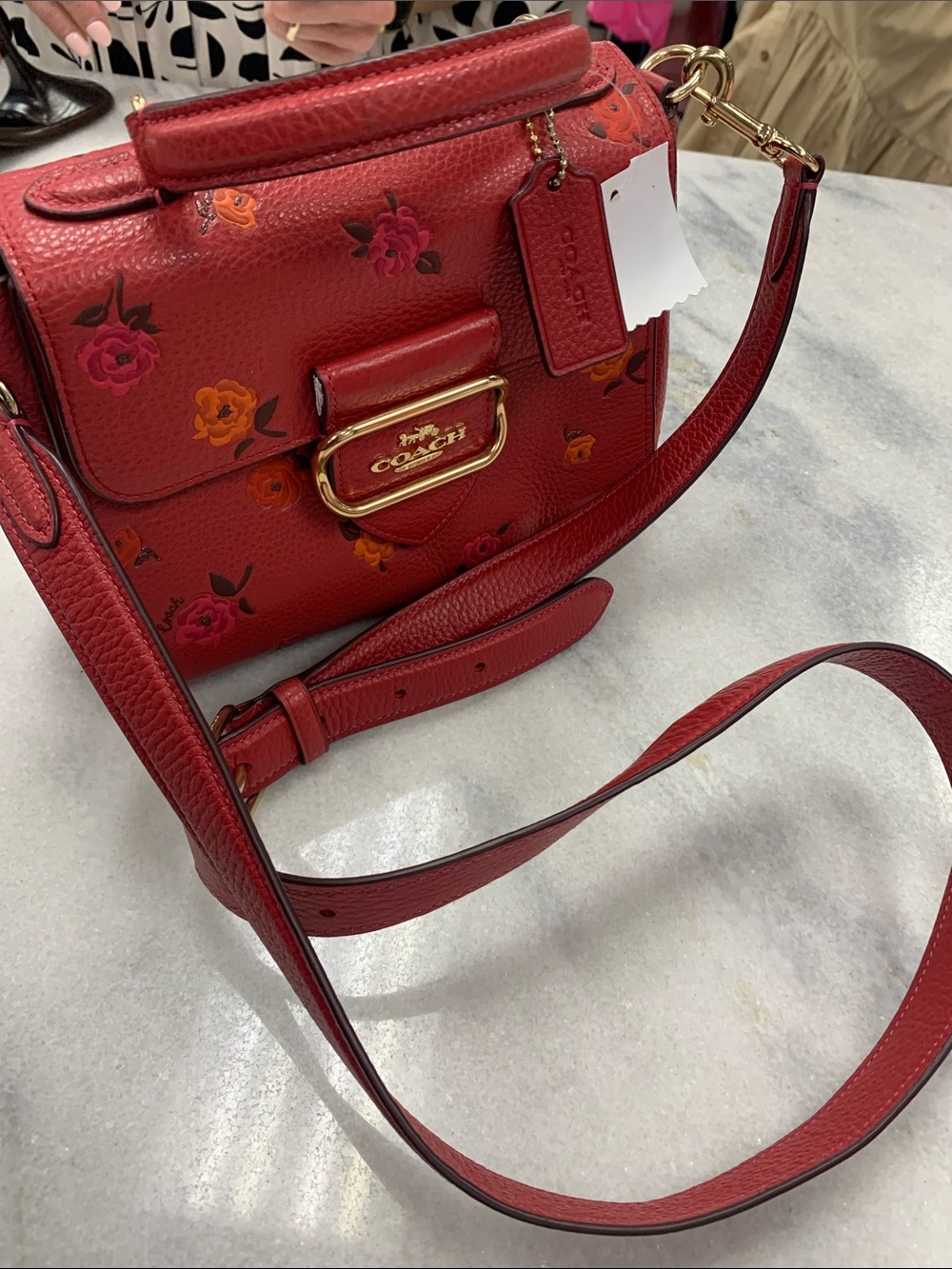 Coach Red Floral Pebbled Leather Crossbody with Gold Hardware